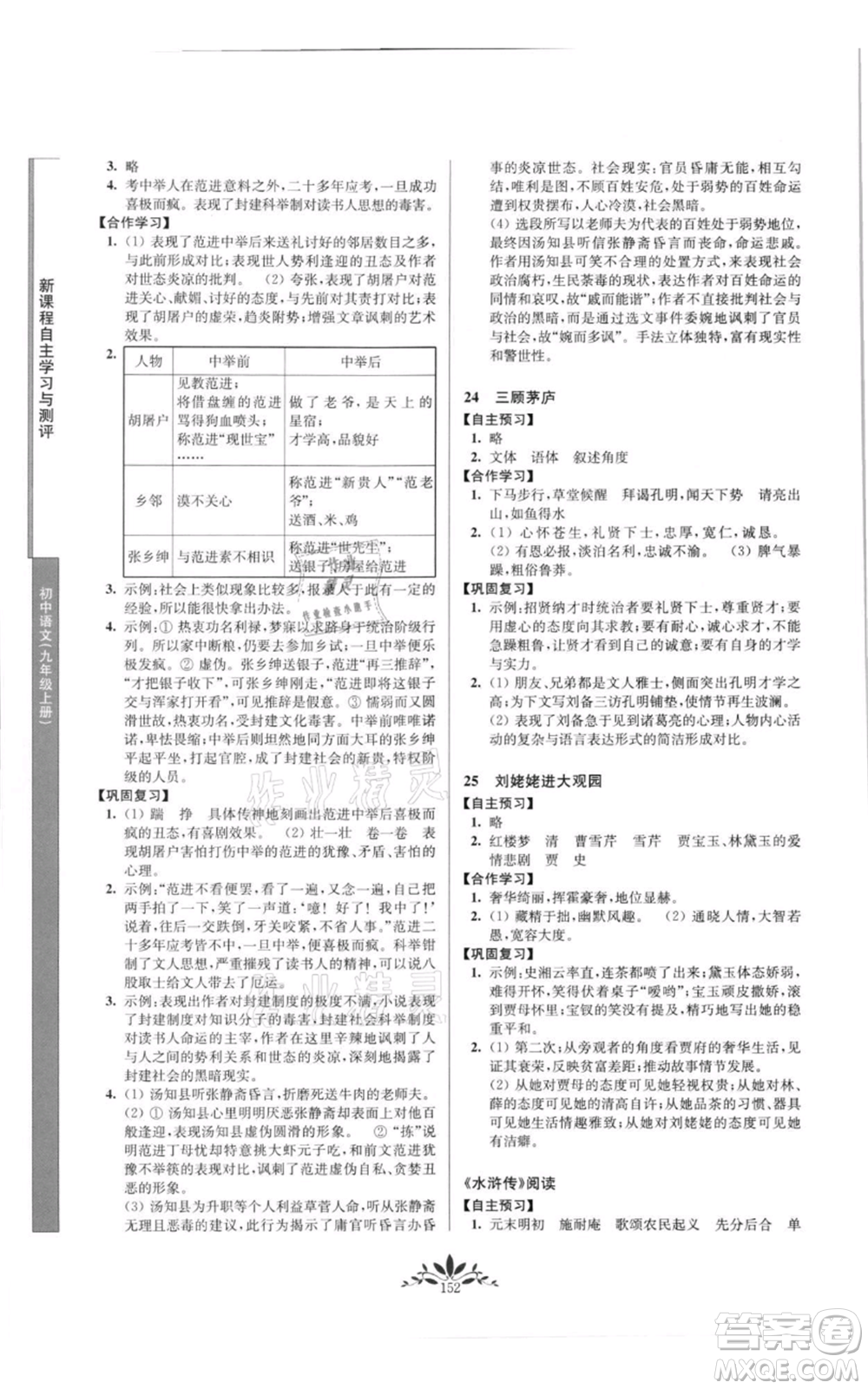 南京師范大學出版社2021新課程自主學習與測評九年級上冊語文人教版參考答案