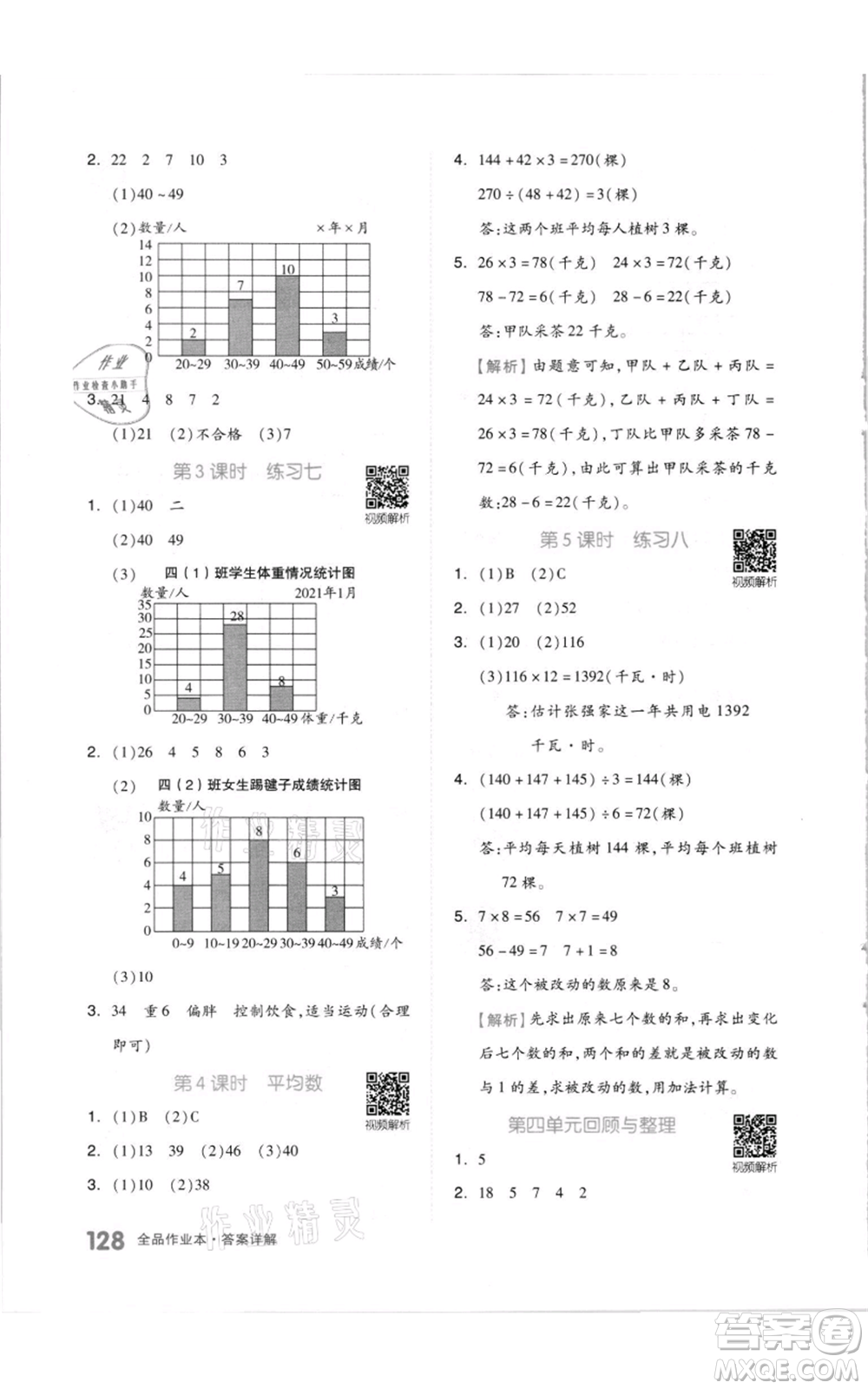 天津人民出版社2021全品作業(yè)本四年級上冊數(shù)學蘇教版參考答案