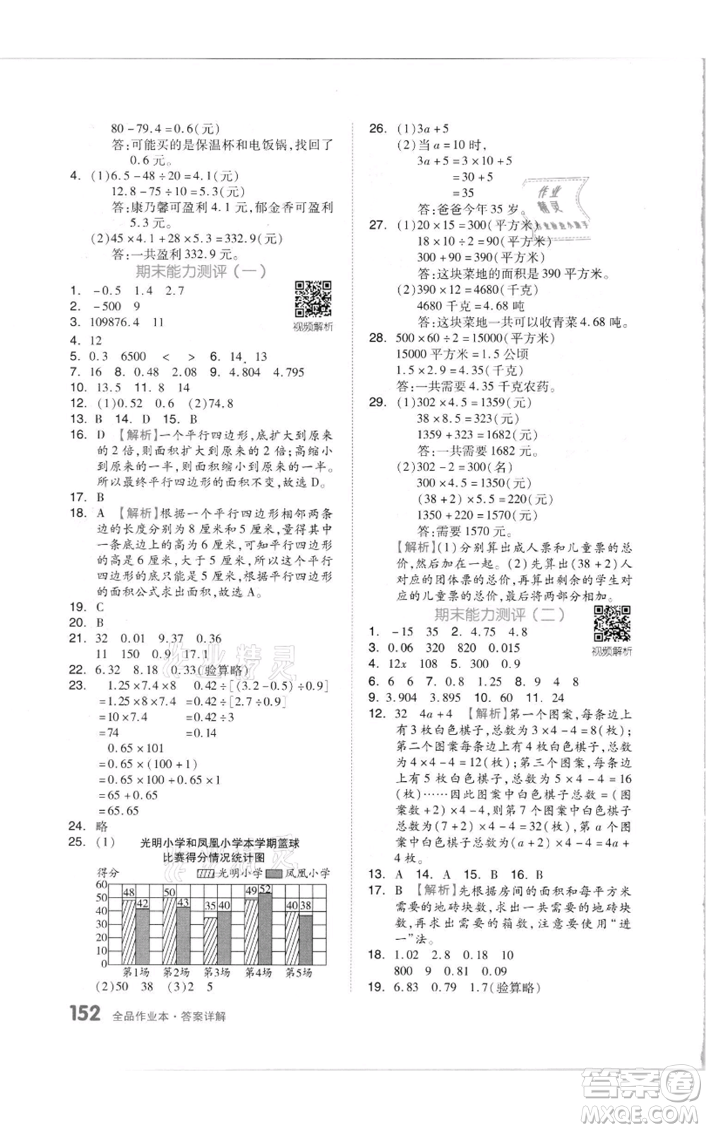 天津人民出版社2021全品作業(yè)本五年級上冊數(shù)學蘇教版參考答案