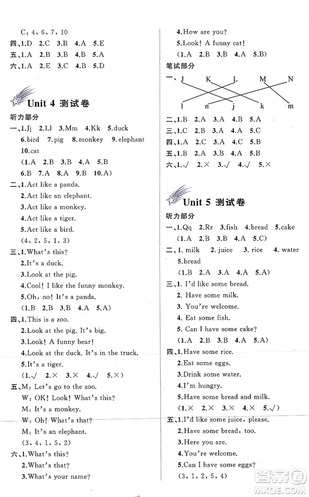 廣西教育出版社2021新課程學(xué)習(xí)與測(cè)評(píng)單元雙測(cè)三年級(jí)英語(yǔ)上冊(cè)人教版A版答案