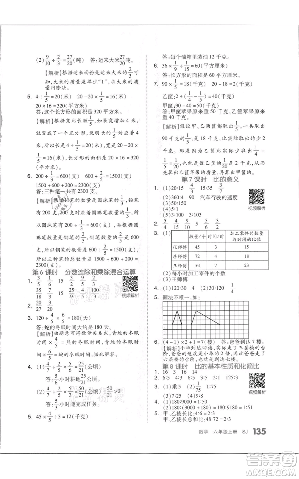 天津人民出版社2021全品作業(yè)本六年級(jí)上冊(cè)數(shù)學(xué)蘇教版參考答案