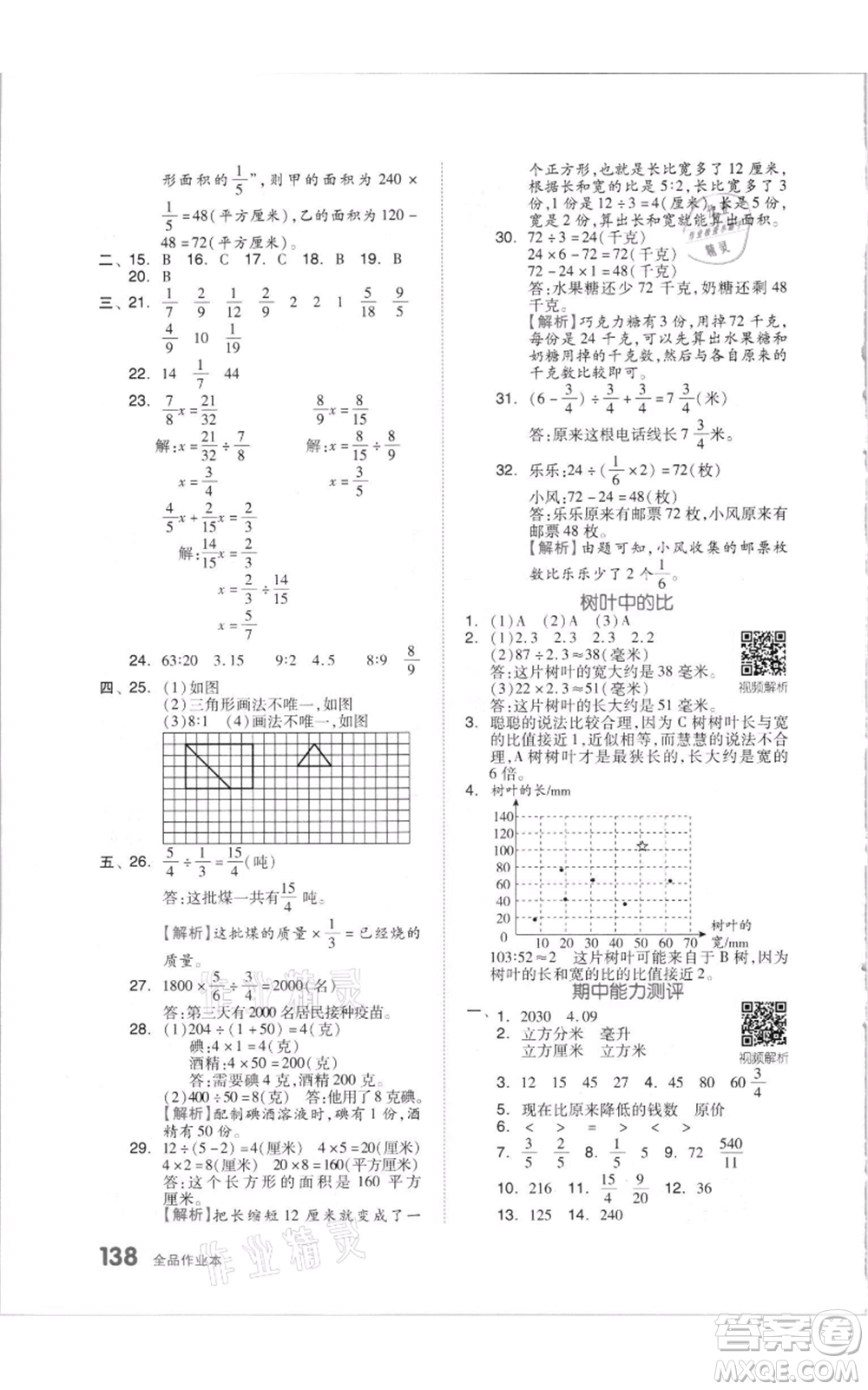 天津人民出版社2021全品作業(yè)本六年級(jí)上冊(cè)數(shù)學(xué)蘇教版參考答案