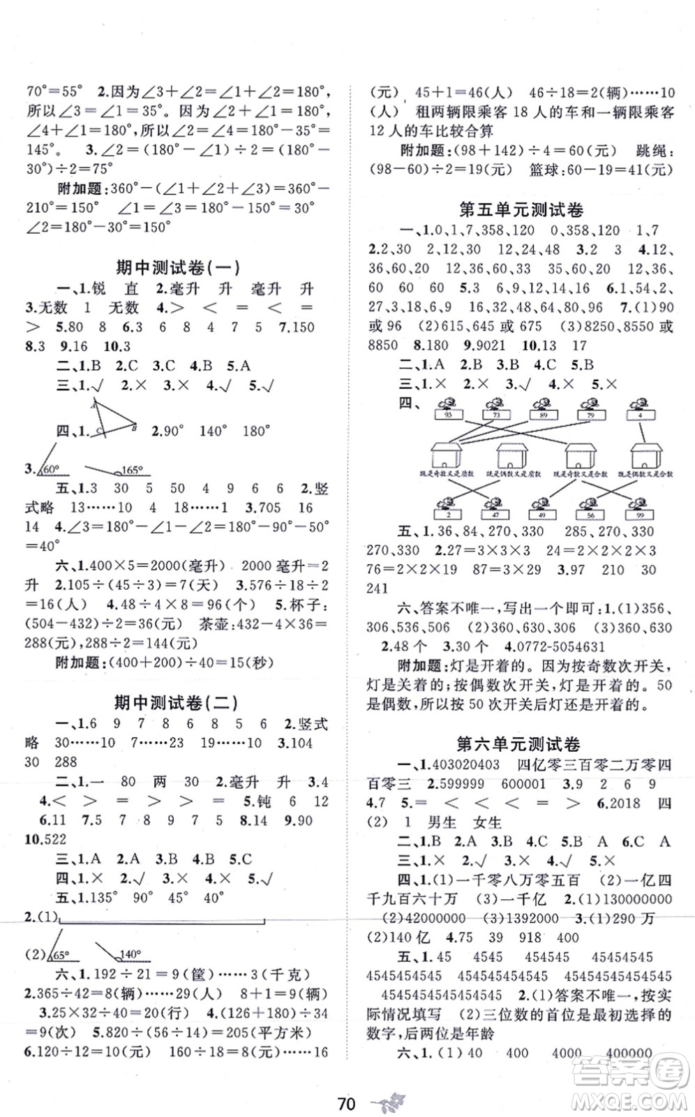 廣西教育出版社2021新課程學(xué)習(xí)與測(cè)評(píng)單元雙測(cè)四年級(jí)數(shù)學(xué)上冊(cè)冀教版C版答案