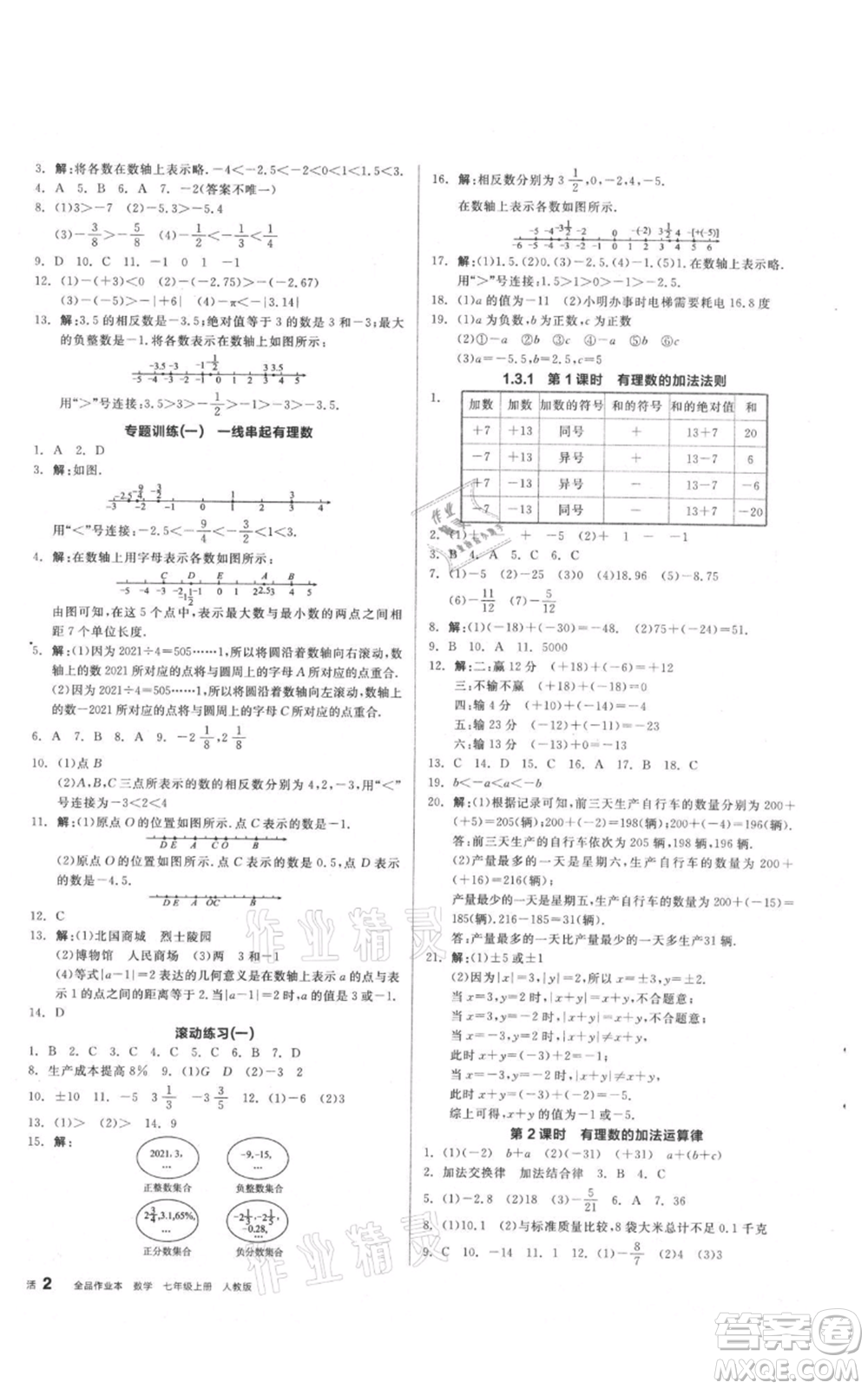 陽光出版社2021全品作業(yè)本七年級(jí)上冊(cè)數(shù)學(xué)人教版參考答案