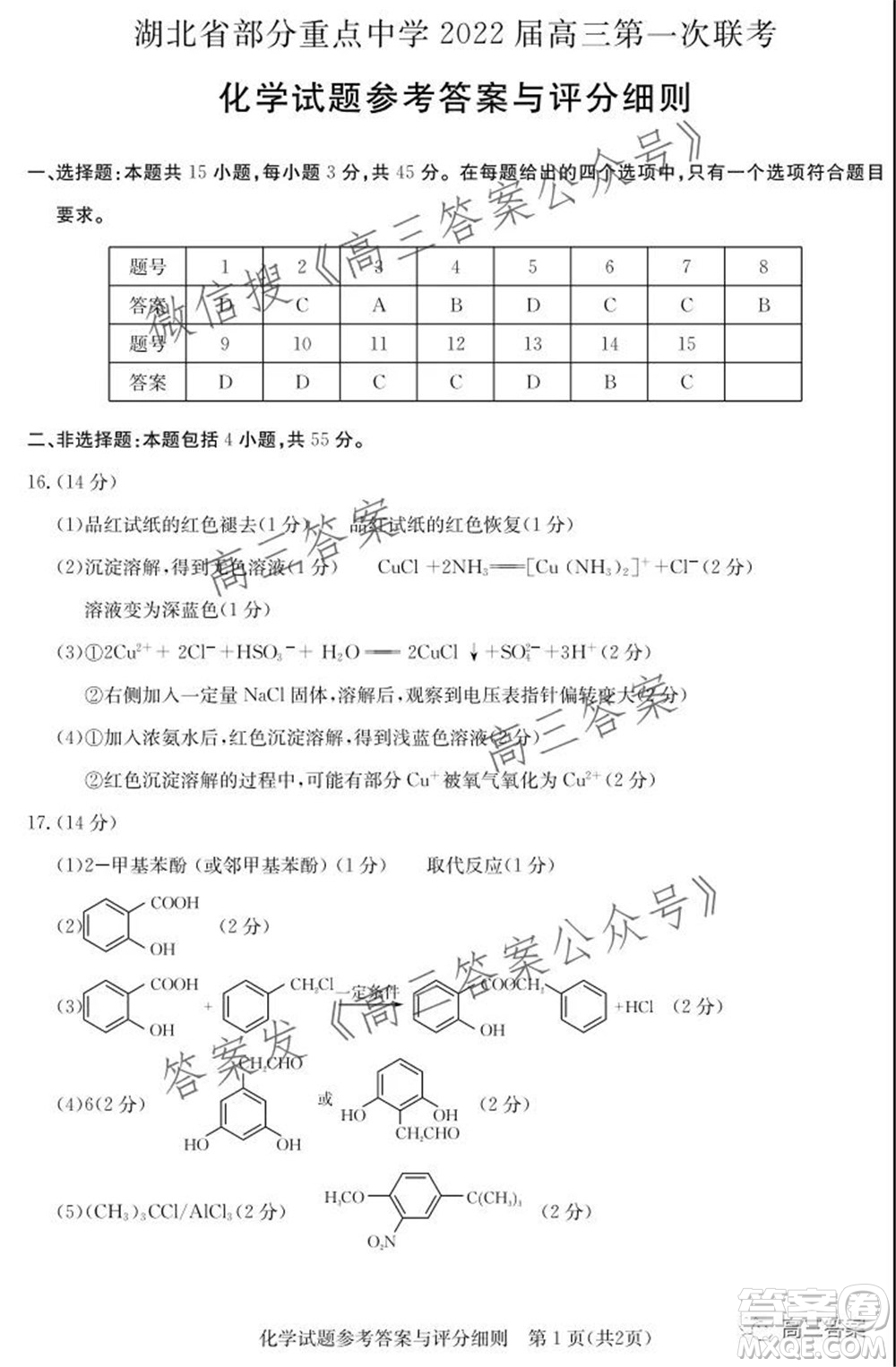 湖北省部分重點(diǎn)中學(xué)2022屆高三第一次聯(lián)考化學(xué)試題及答案