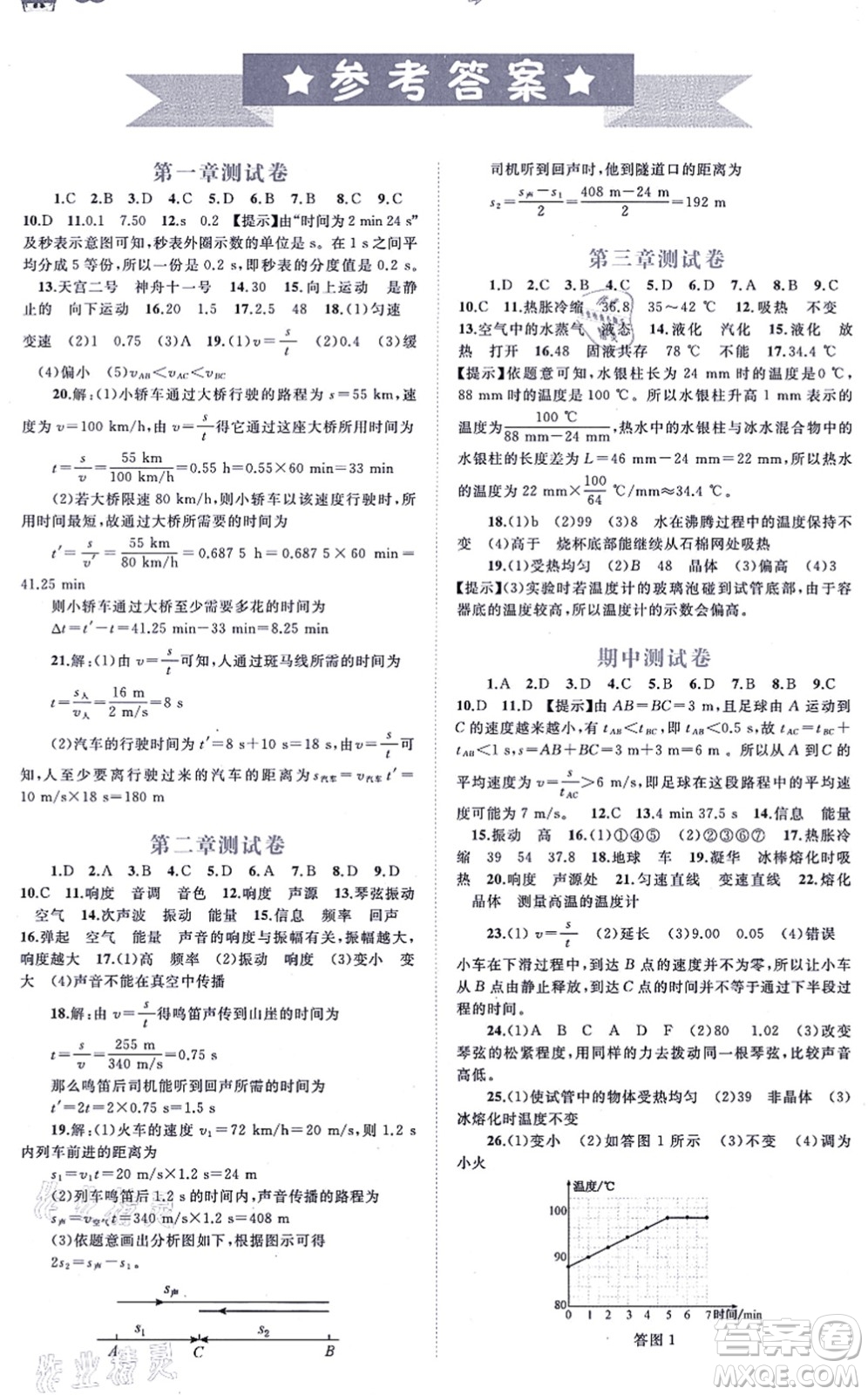 廣西教育出版社2021新課程學習與測評單元雙測八年級物理上冊人教版A版答案