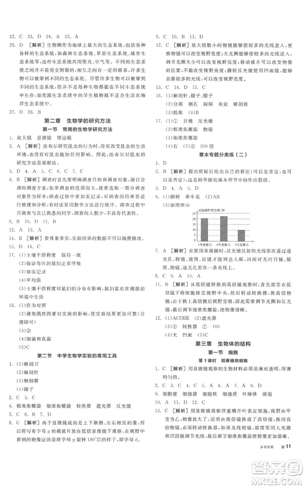 陽光出版社2021全品作業(yè)本七年級上冊生物北京課改版參考答案