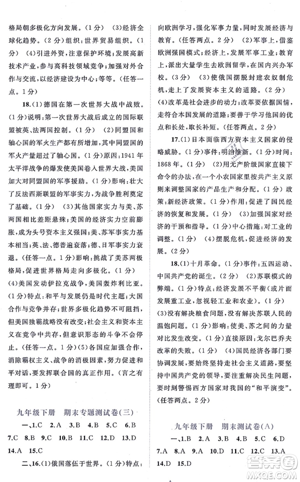 廣西教育出版社2021新課程學(xué)習(xí)與測評單元雙測九年級歷史全一冊人教版A版答案