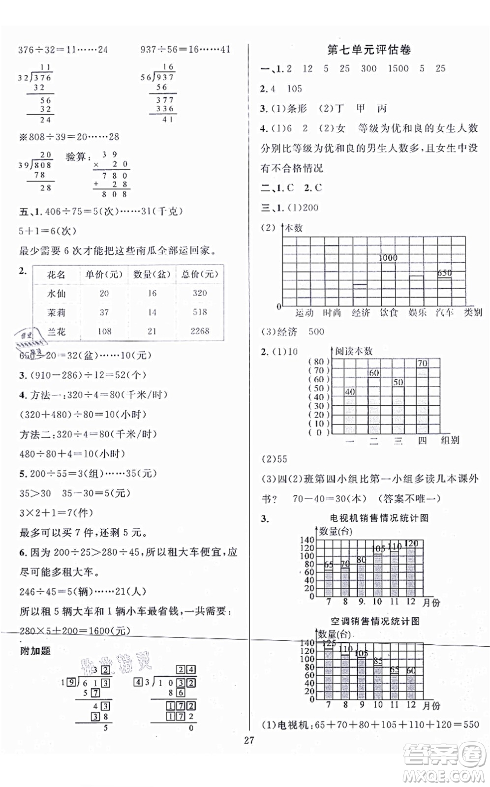 華東師范大學(xué)出版社2021一課一練四年級(jí)數(shù)學(xué)上冊(cè)人教版A版答案