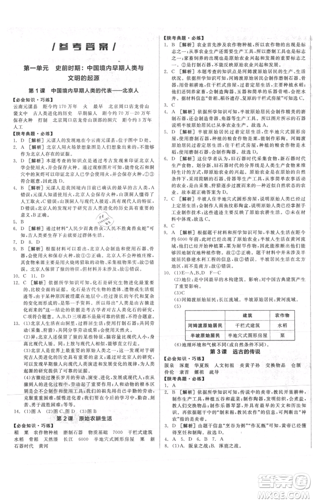 沈陽出版社2021全品作業(yè)本七年級上冊歷史人教版陜西專版參考答案