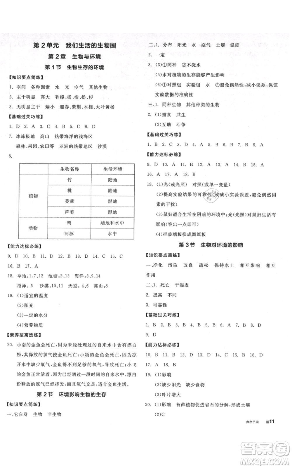 沈陽(yáng)出版社2021全品作業(yè)本七年級(jí)上冊(cè)生物蘇科版徐州專(zhuān)版參考答案