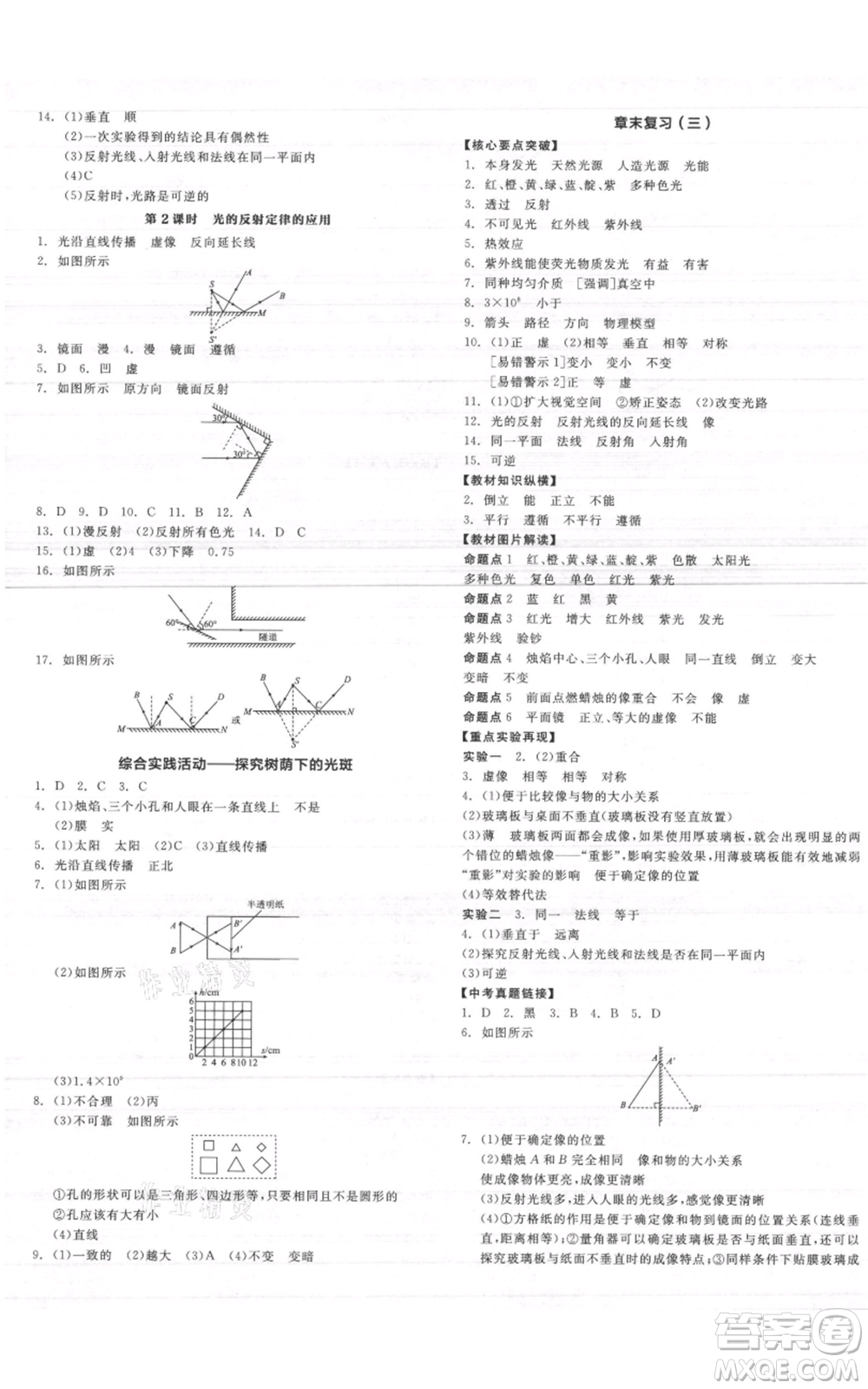 陽(yáng)光出版社2021全品作業(yè)本八年級(jí)上冊(cè)物理A版蘇科版參考答案