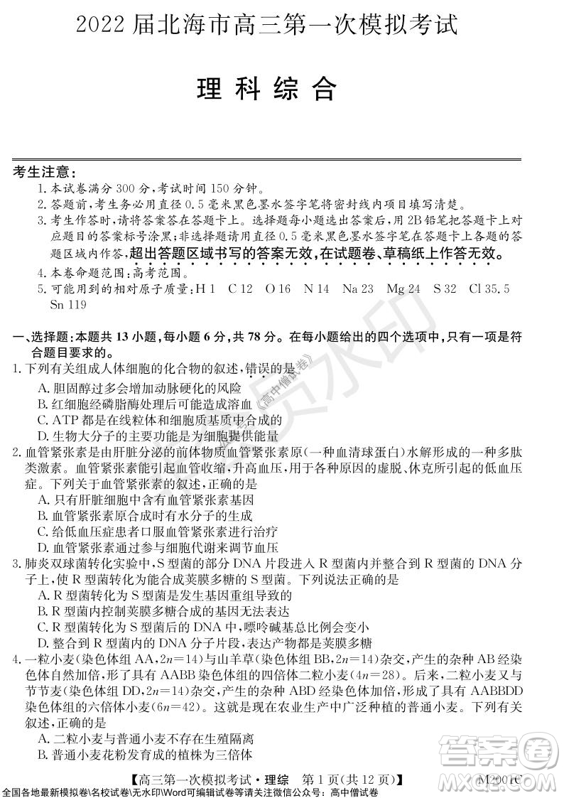 2022屆北海市高三第一次模擬考試理科綜合試題及答案