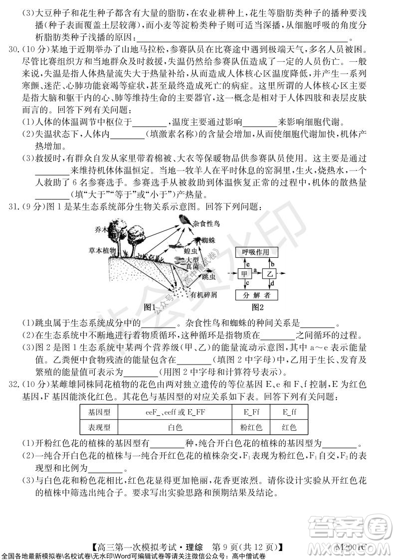 2022屆北海市高三第一次模擬考試理科綜合試題及答案