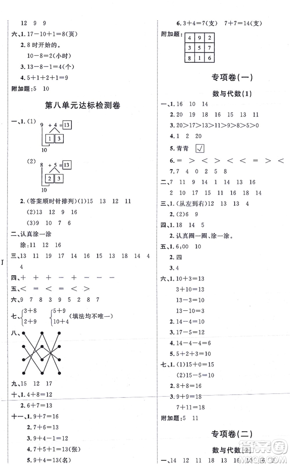 延邊教育出版社2021優(yōu)+密卷一年級數學上冊RJ人教版答案