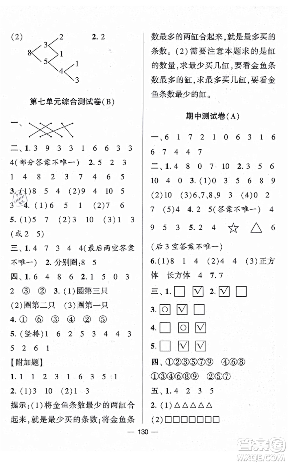 寧夏人民教育出版社2021學霸提優(yōu)大試卷一年級數(shù)學上冊江蘇國標版答案