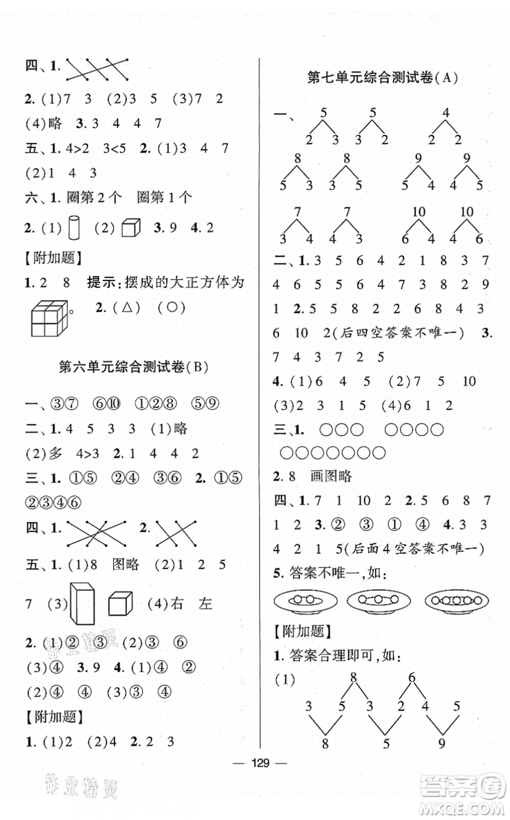 寧夏人民教育出版社2021學霸提優(yōu)大試卷一年級數(shù)學上冊江蘇國標版答案