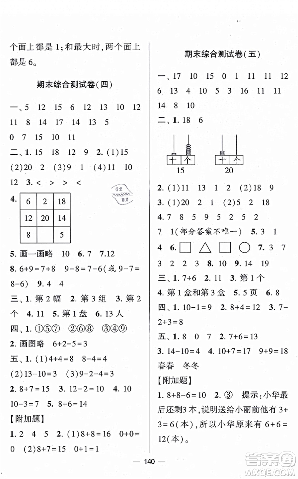 寧夏人民教育出版社2021學霸提優(yōu)大試卷一年級數(shù)學上冊江蘇國標版答案