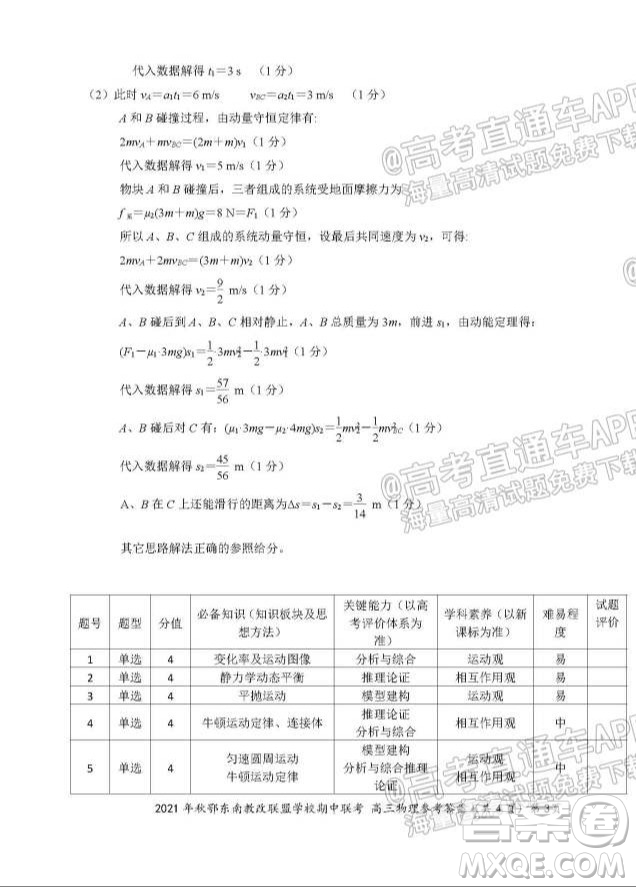 2021年秋季鄂東南省級示范高中教育教學(xué)改革聯(lián)盟學(xué)校期中聯(lián)考高三物理試題及答案