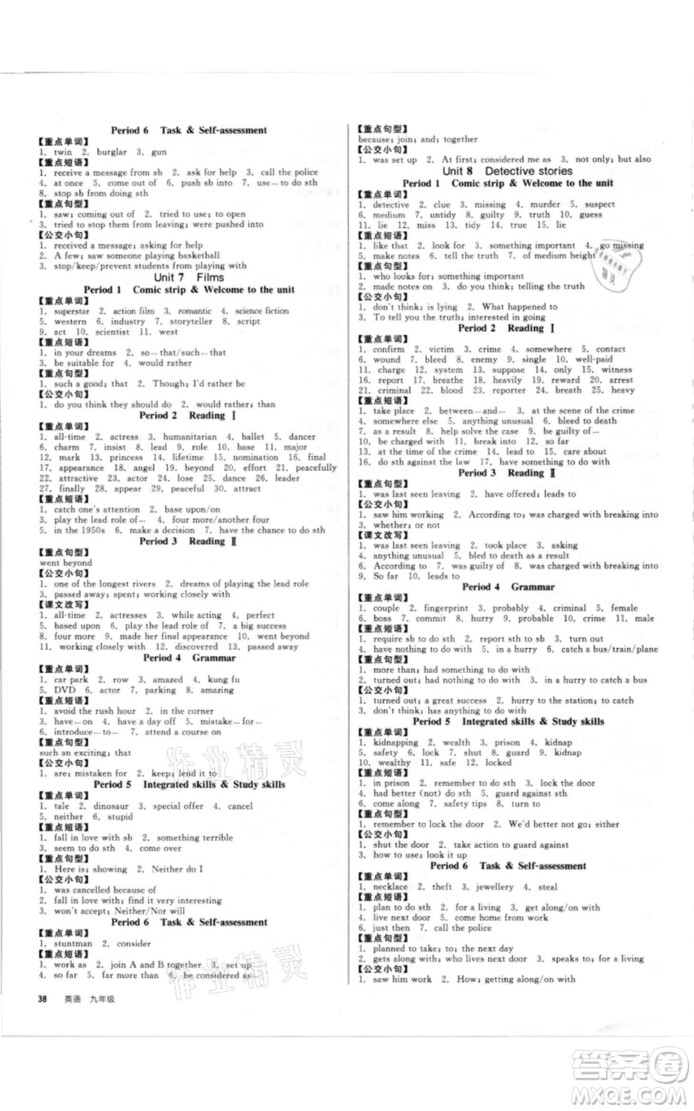 陽光出版社2021全品作業(yè)本九年級英語譯林版徐州專版參考答案