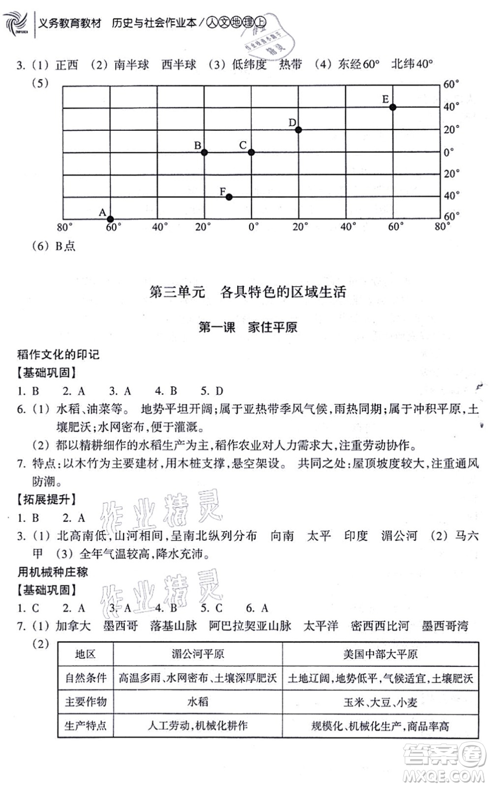 浙江教育出版社2021歷史與社會作業(yè)本七年級地理上冊人教版答案