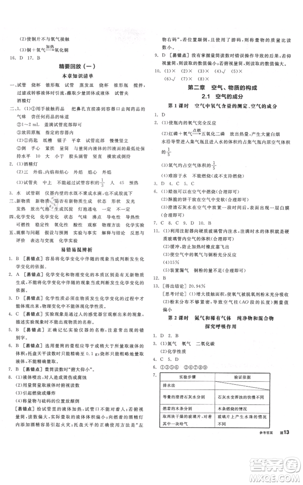 陽光出版社2021全品作業(yè)本九年級上冊化學科粵版參考答案