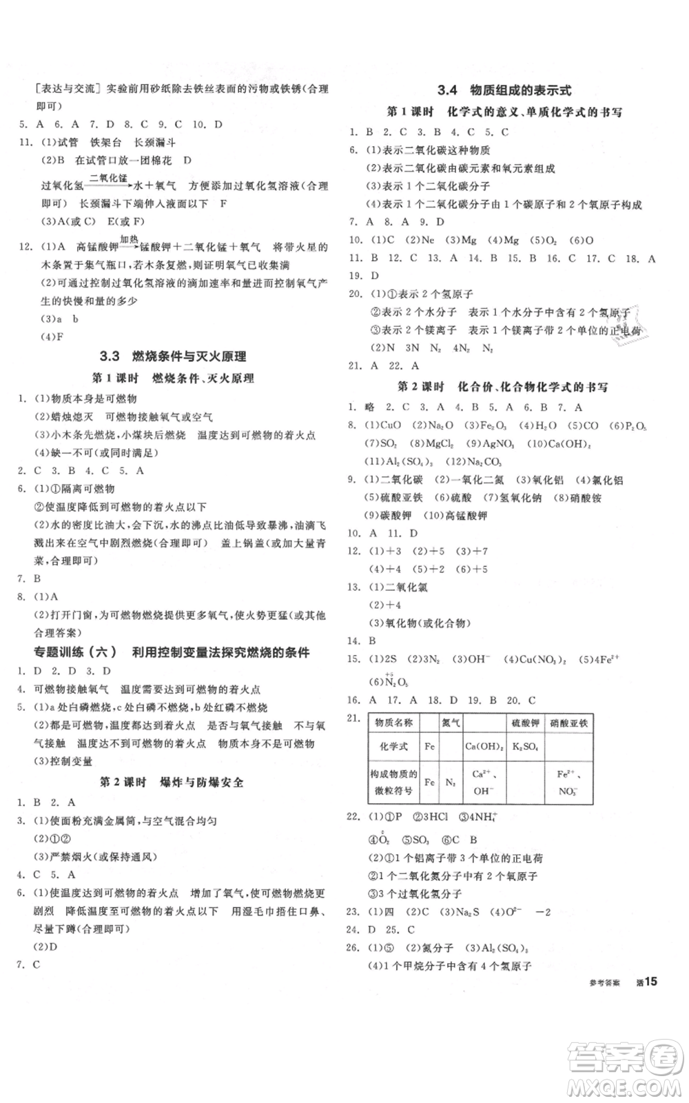 陽光出版社2021全品作業(yè)本九年級上冊化學科粵版參考答案