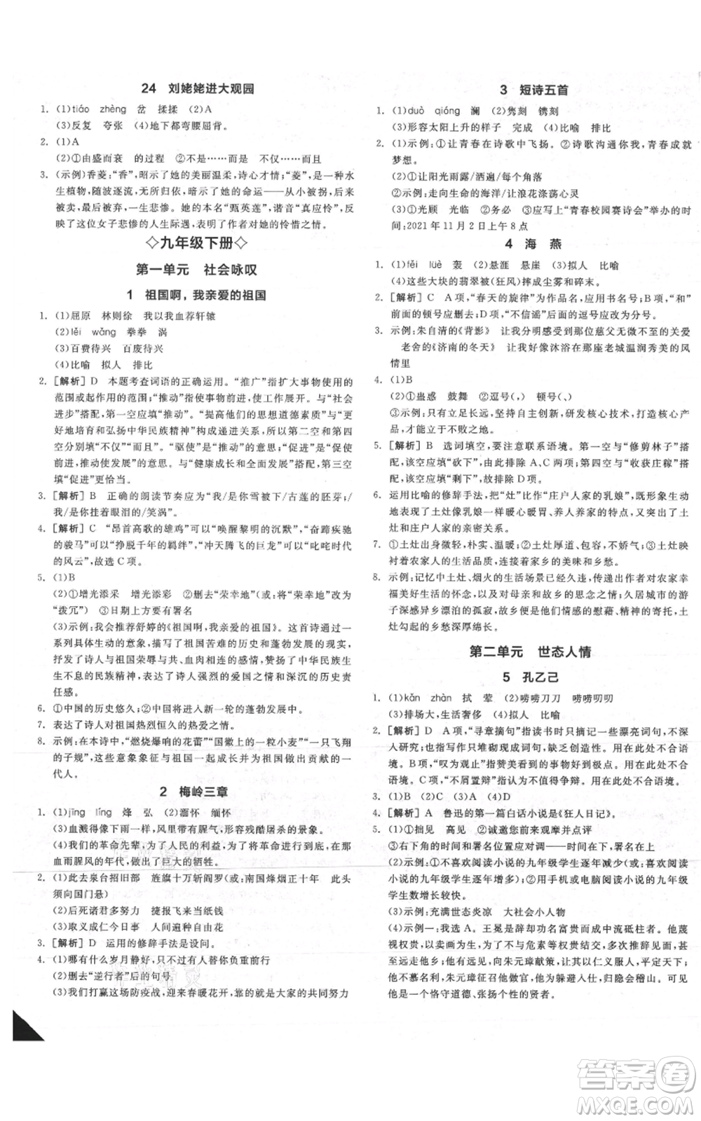 延邊教育出版社2021全品作業(yè)本九年級(jí)語(yǔ)文人教版安徽專(zhuān)版參考答案