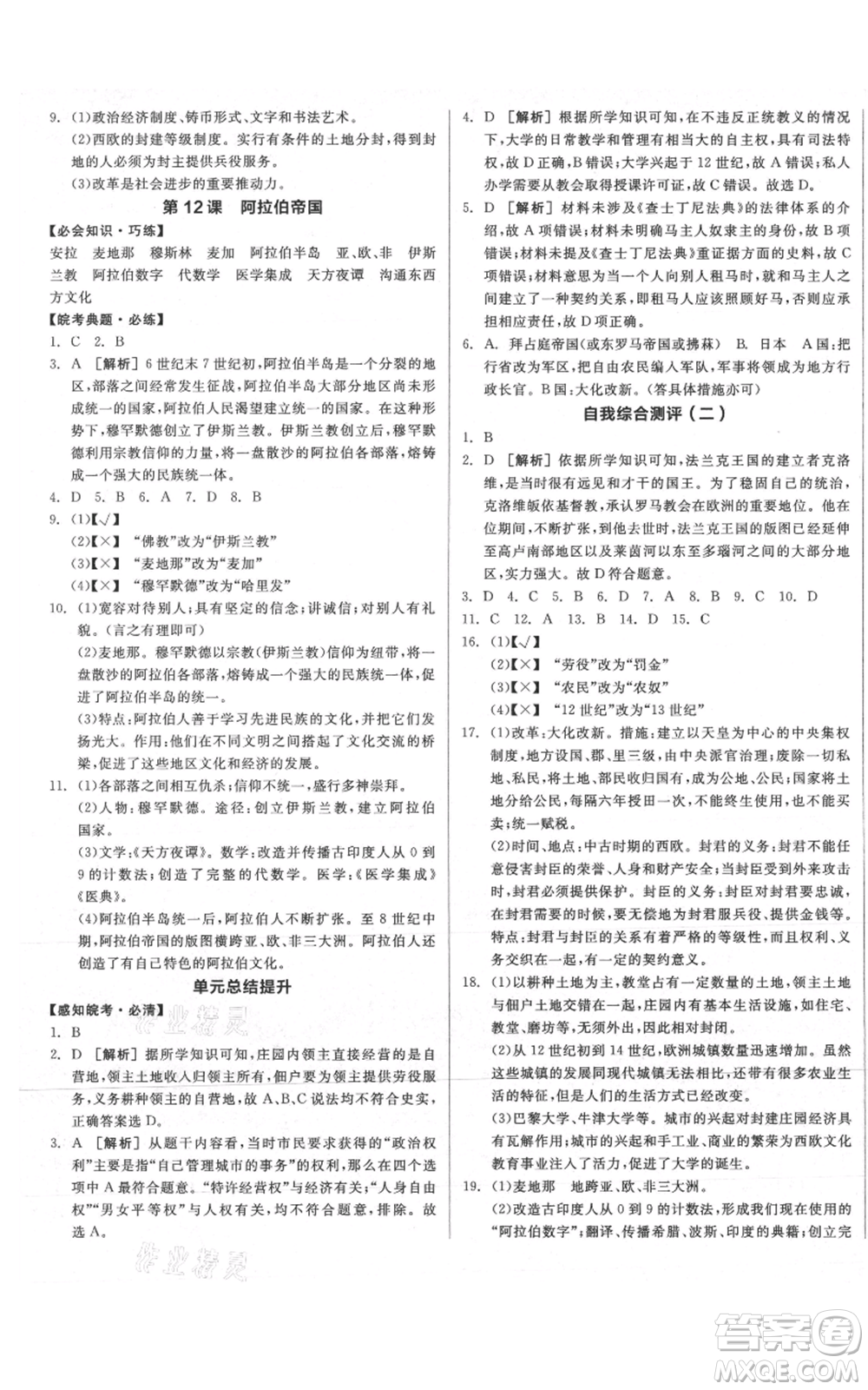 陽光出版社2021全品作業(yè)本九年級上冊歷史人教版安徽專版參考答案