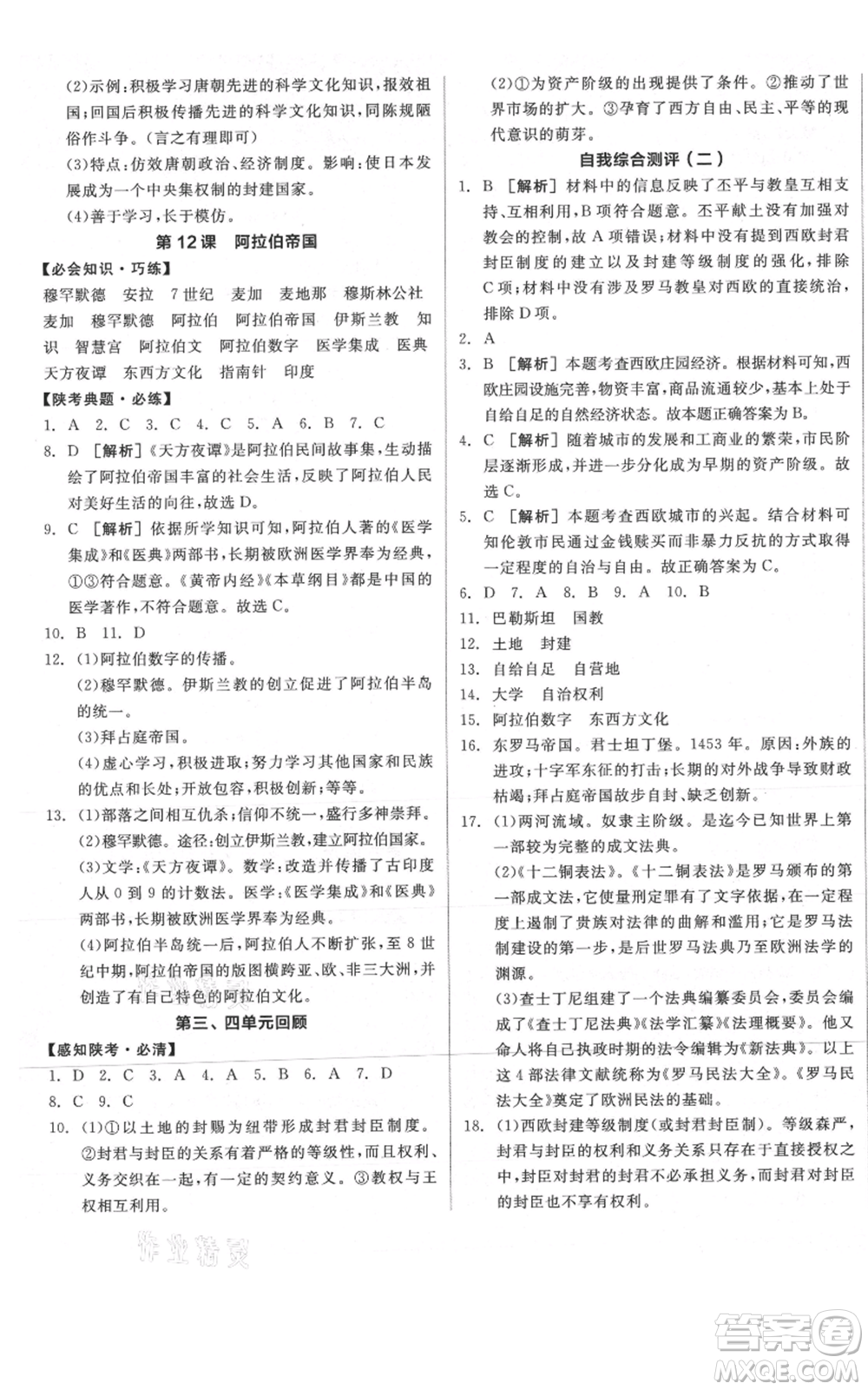 陽光出版社2021全品作業(yè)本九年級上冊歷史人教版陜西專版參考答案