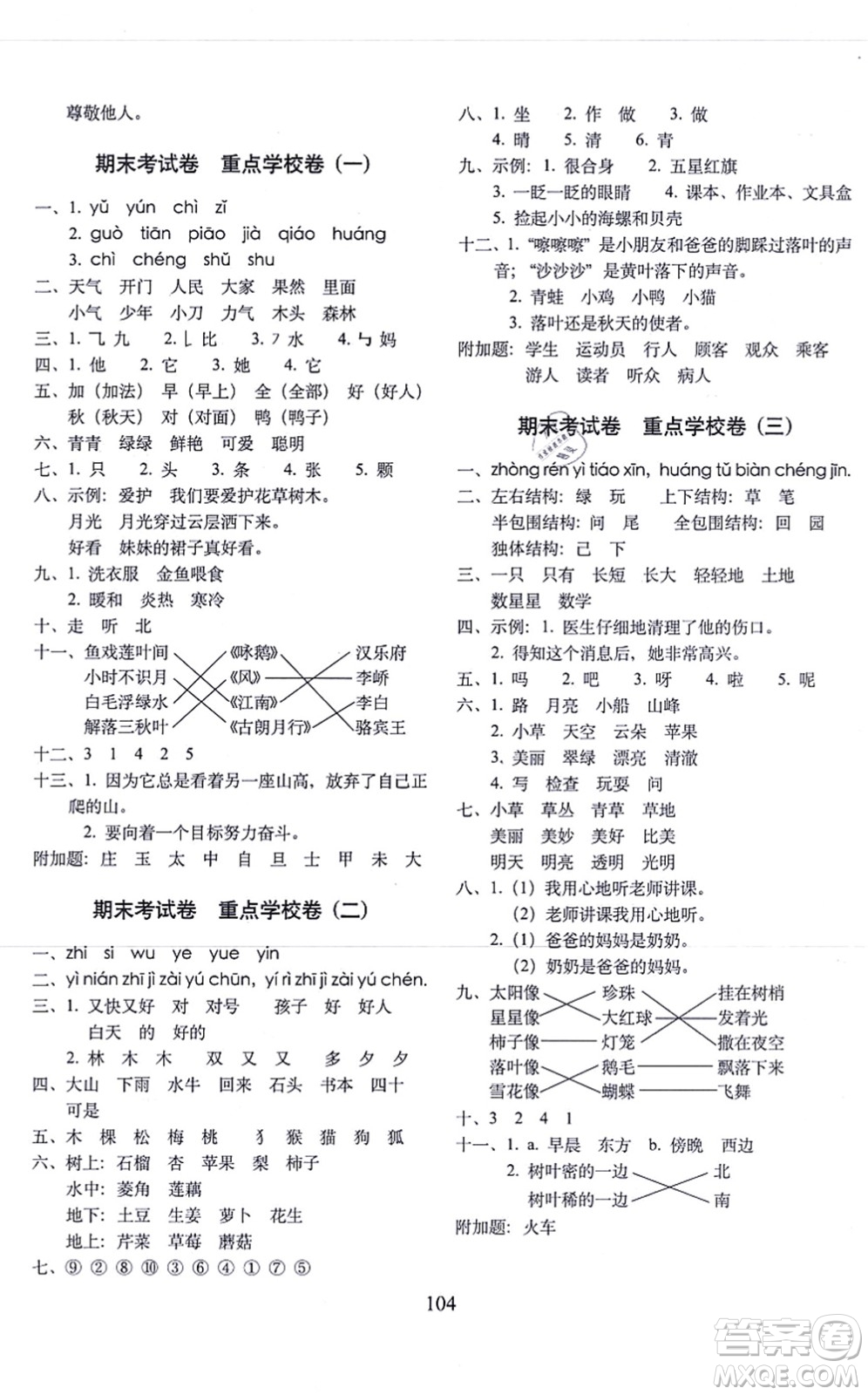 長(zhǎng)春出版社2021期末沖刺100分完全試卷一年級(jí)語文上冊(cè)人教部編版答案