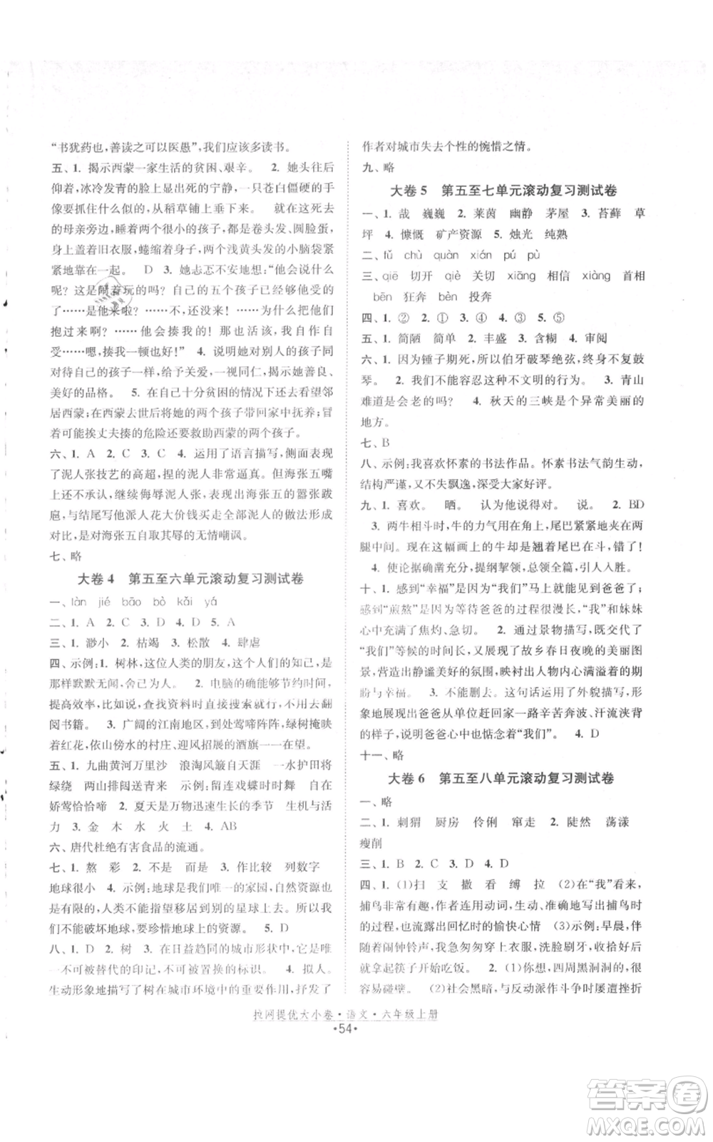 福建人民出版社2021拉網(wǎng)提優(yōu)大小卷六年級上冊語文人教版參考答案