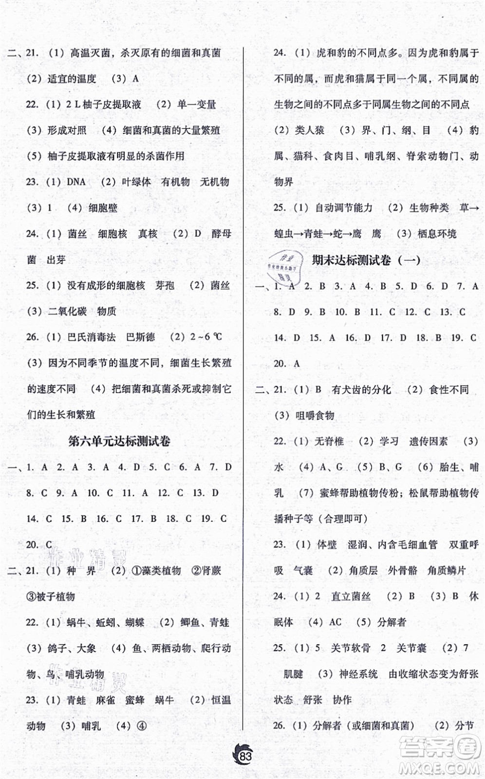 遼海出版社2021隨堂小考八年級生物上冊RJ人教版答案