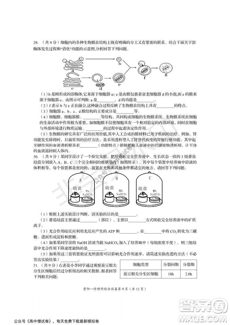 資陽(yáng)市高中2019級(jí)第一次診斷性考試?yán)砭C試題及答案