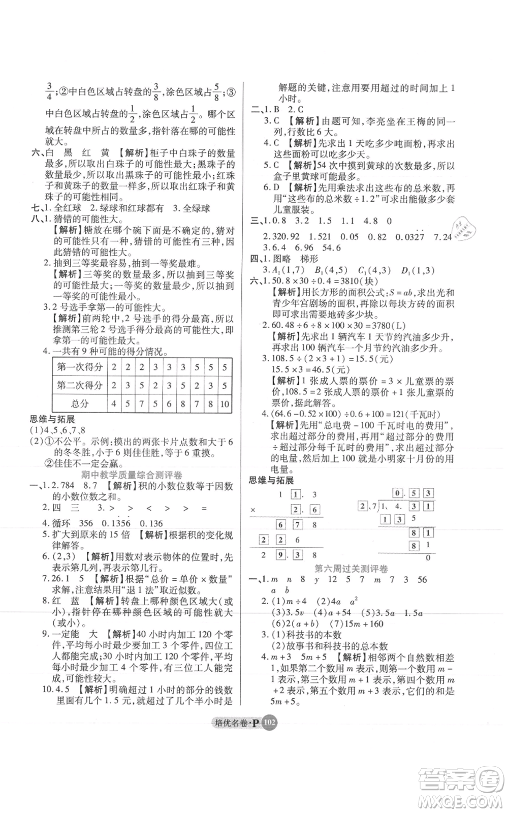 武漢大學(xué)出版社2021培優(yōu)名卷全能卷五年級(jí)上冊(cè)數(shù)學(xué)A版人教版參考答案