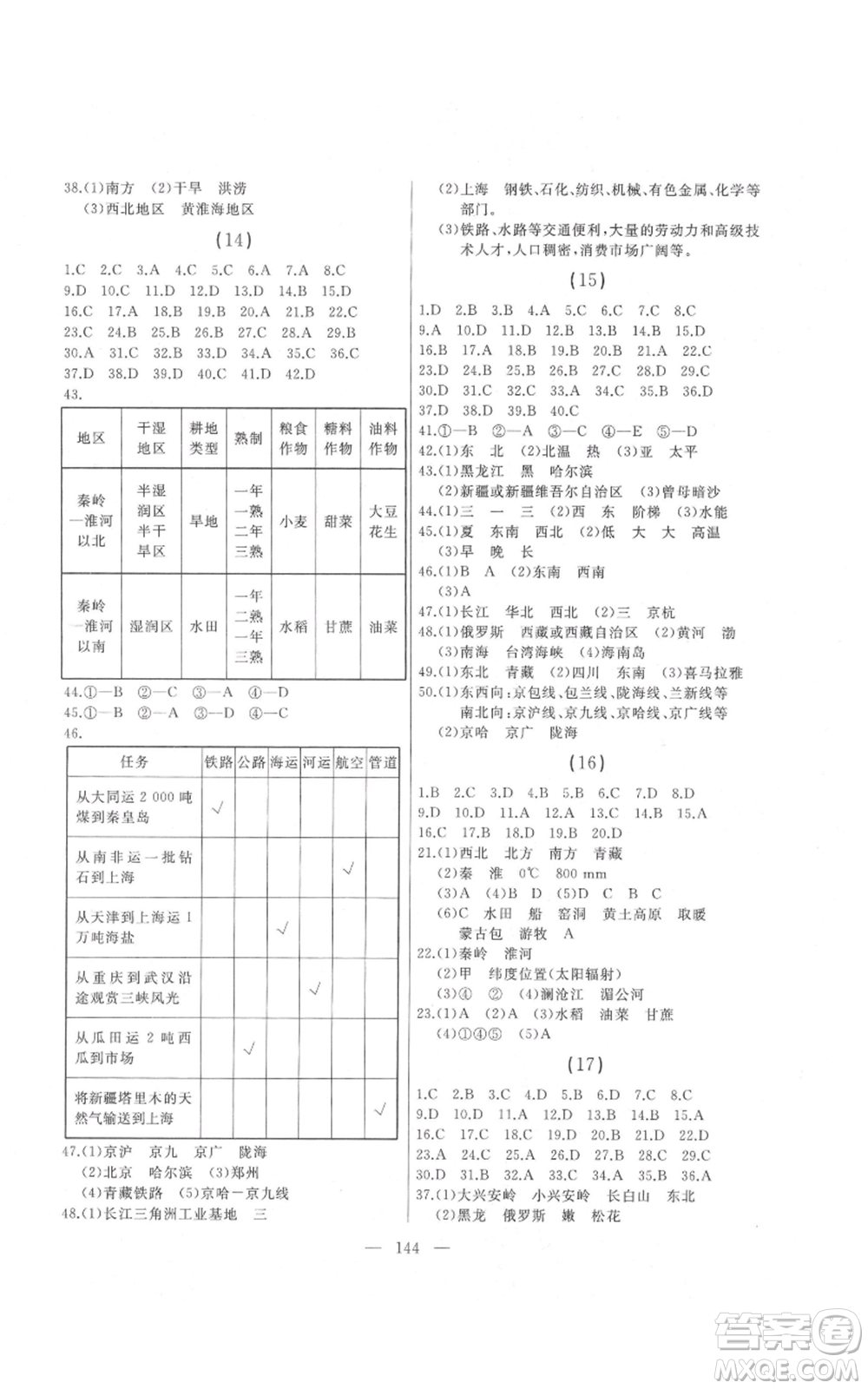 湖南地圖出版社2021總復(fù)習(xí)測(cè)試九年級(jí)地理人教版參考答案