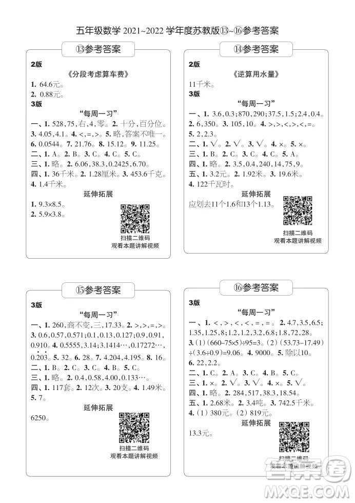 2021年時代學(xué)習(xí)報五年級上數(shù)學(xué)蘇教版9-16期參考答案