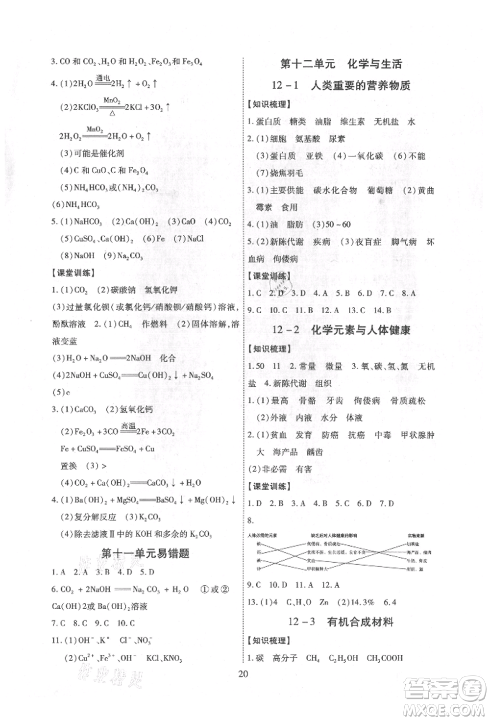 天津科學(xué)技術(shù)出版社2021考點(diǎn)跟蹤同步訓(xùn)練九年級(jí)化學(xué)人教版深圳專版參考答案