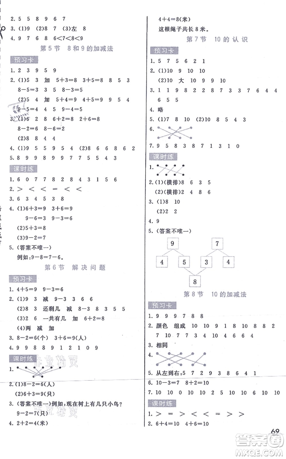 河北教育出版社2021七彩課堂一年級數(shù)學(xué)上冊人教版答案