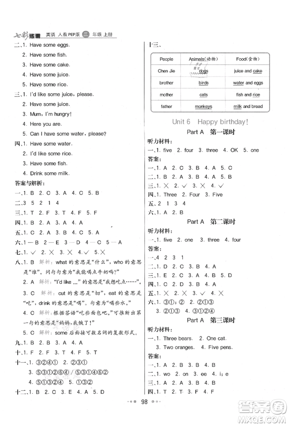 河北教育出版社2021小學(xué)霸七彩練霸三年級英語上冊人教版參考答案