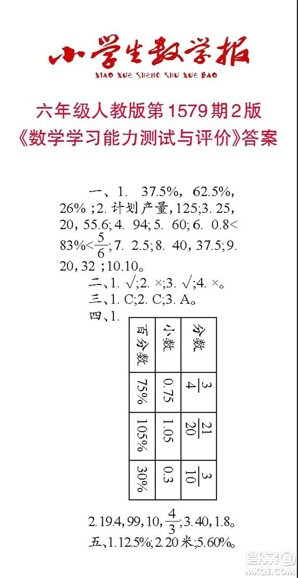 2021年小學(xué)生數(shù)學(xué)報六年級上學(xué)期第1579期答案