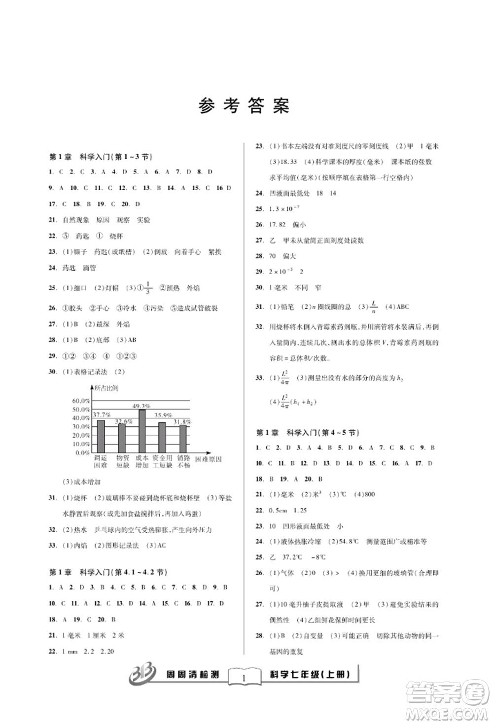 云南科技出版社2021周周清檢測七年級科學上冊浙教版參考答案