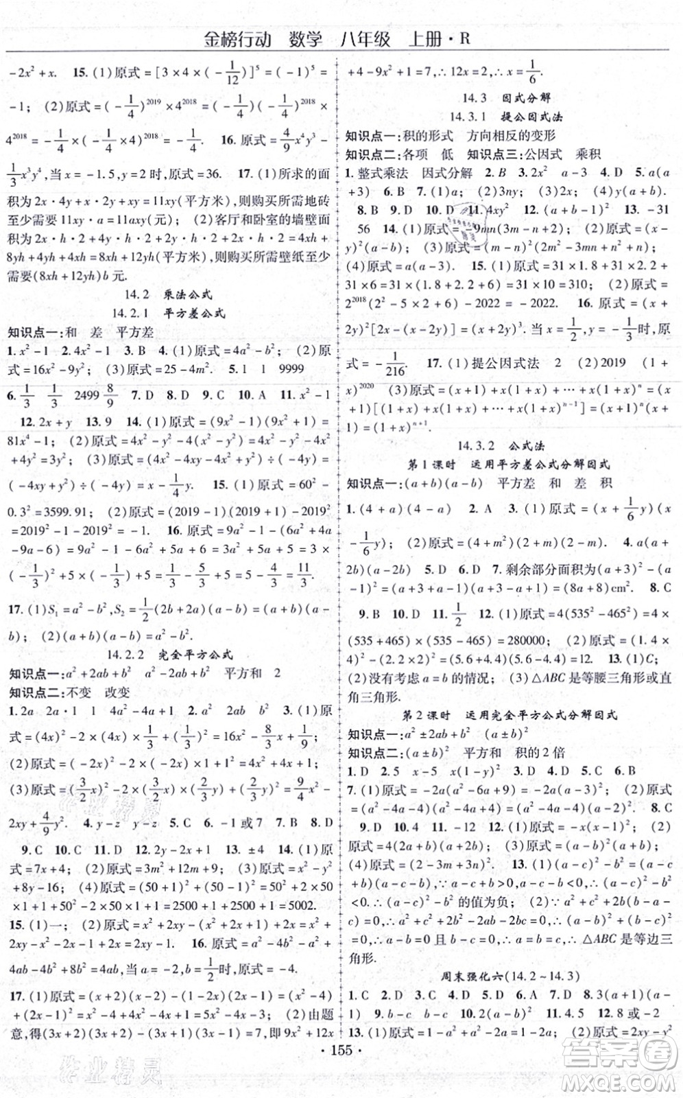 云南美術出版社2021金榜行動課時導學案八年級數(shù)學上冊R人教版答案