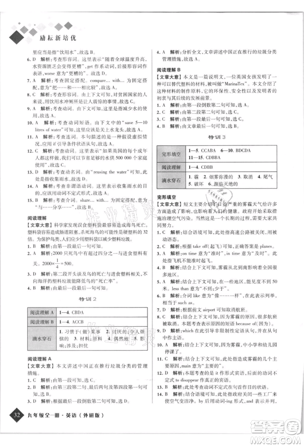 延邊人民出版社2021勵耘新培優(yōu)九年級英語外研版參考答案