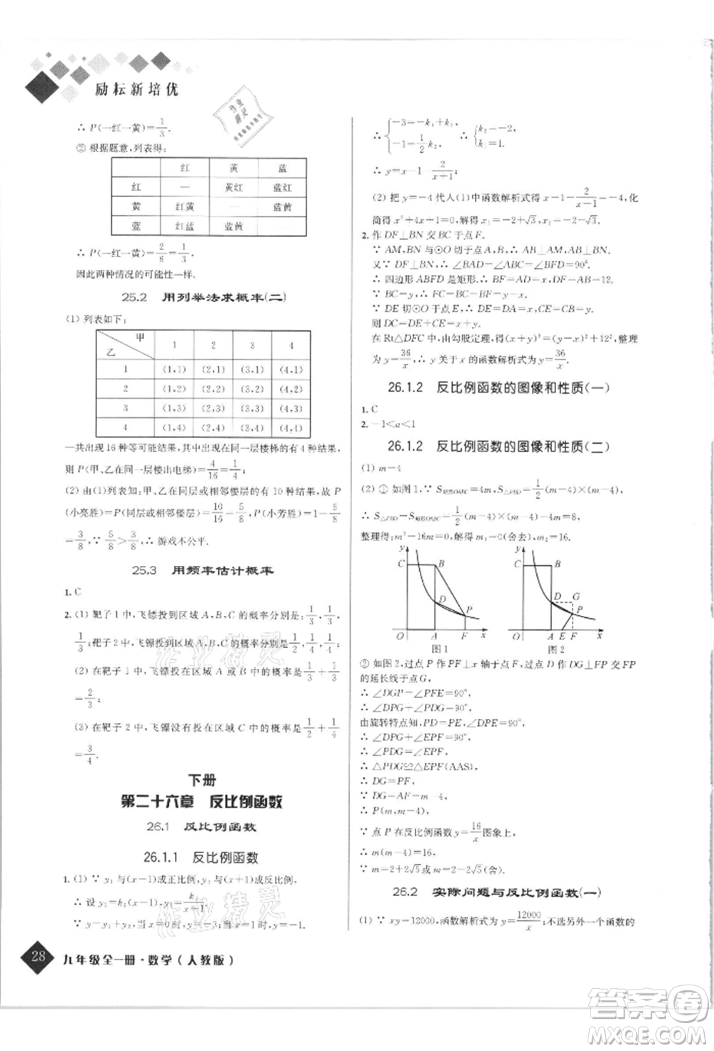 延邊人民出版社2021勵(lì)耘新培優(yōu)九年級數(shù)學(xué)人教版參考答案