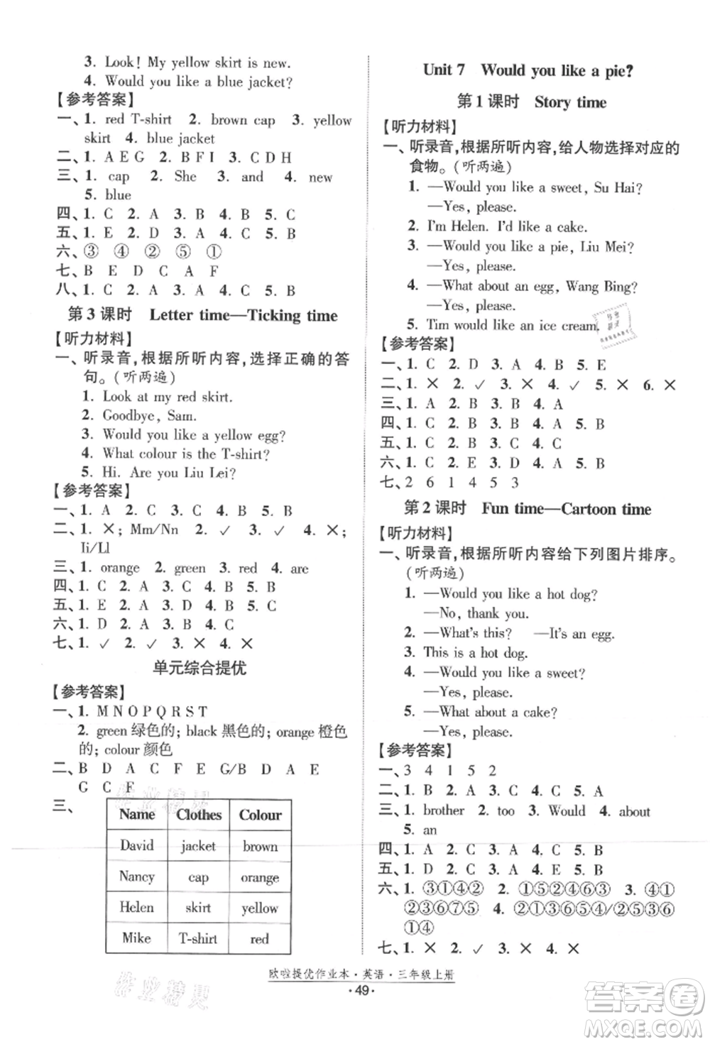 江蘇鳳凰美術(shù)出版社2021歐拉提優(yōu)作業(yè)本三年級(jí)英語(yǔ)上冊(cè)譯林版參考答案