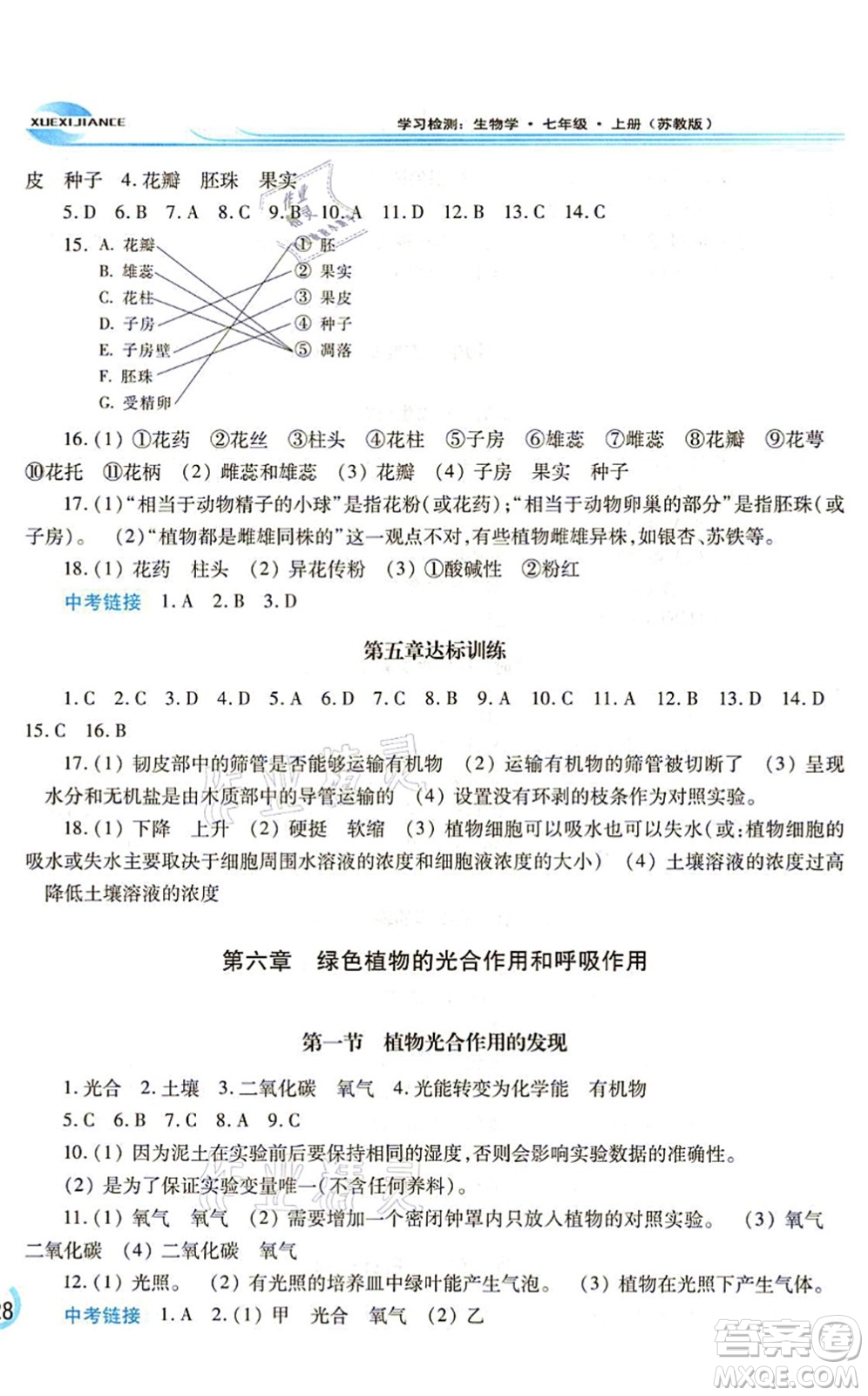 河南大學出版社2021學習檢測七年級生物上冊蘇教版答案