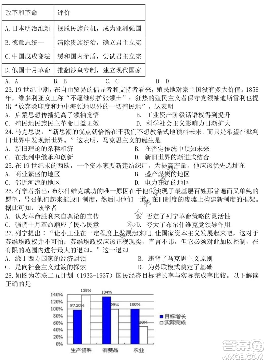 哈師大附中2020級高二上學(xué)期期中考試歷史試卷及答案