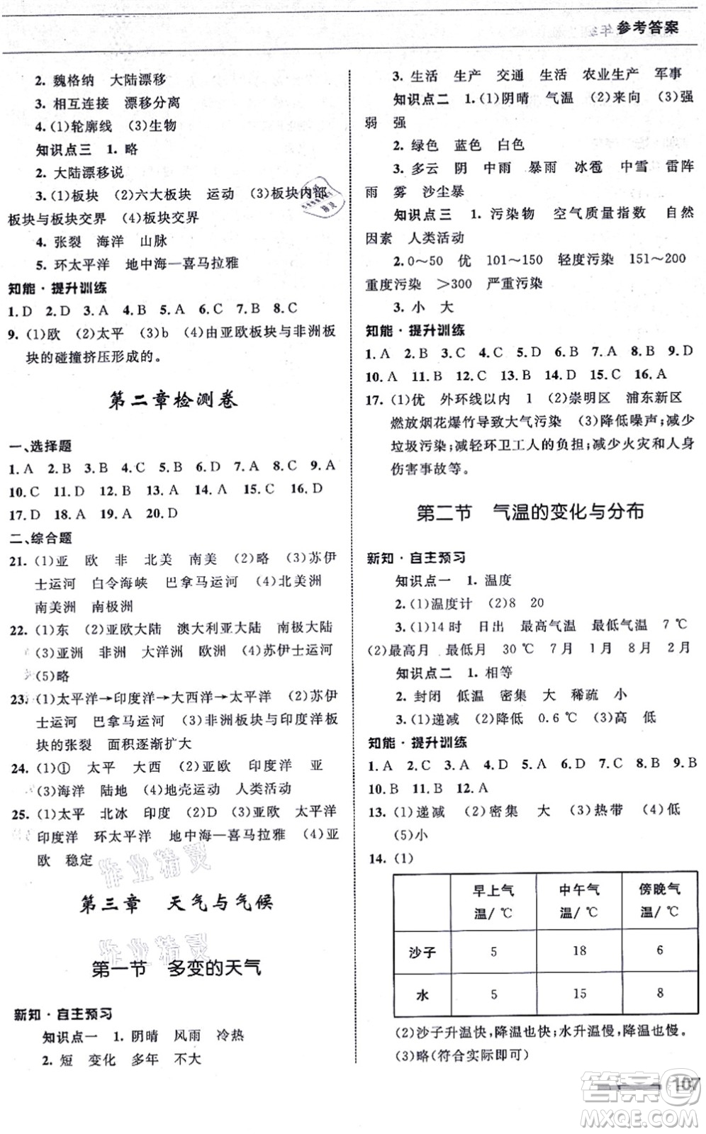 甘肅教育出版社2021地理配套綜合練習(xí)七年級(jí)上冊(cè)人教版答案