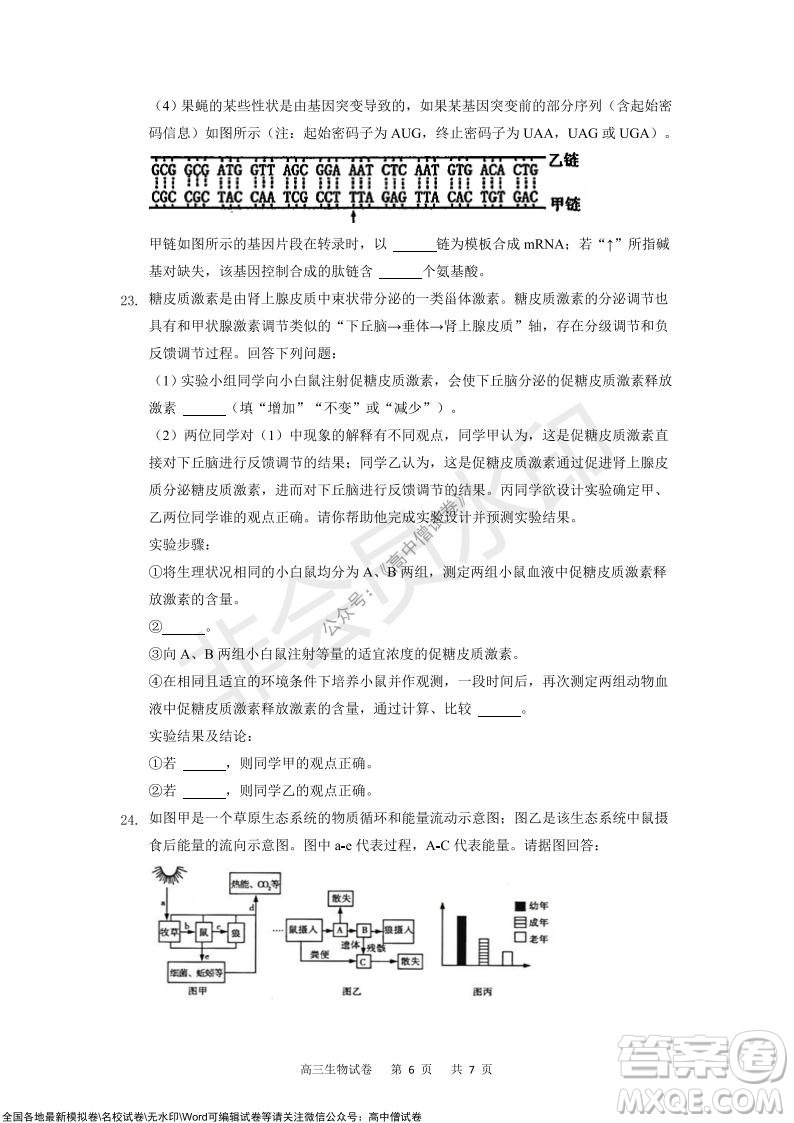 重慶市2021-2022學(xué)年上11月月度質(zhì)量檢測(cè)高三生物試題及答案